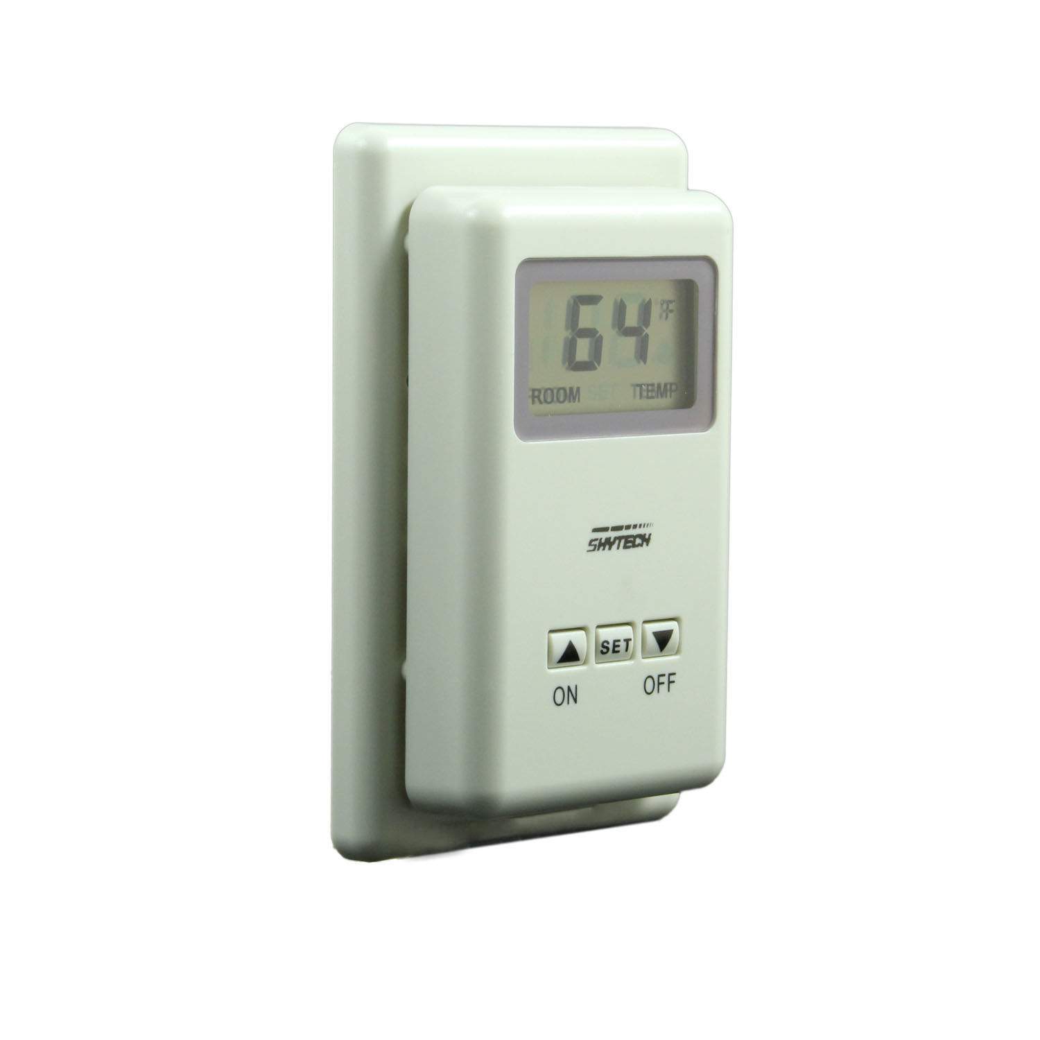 Wireless thermostat remote with LCD showing 61 and SET, ON, OFF controls