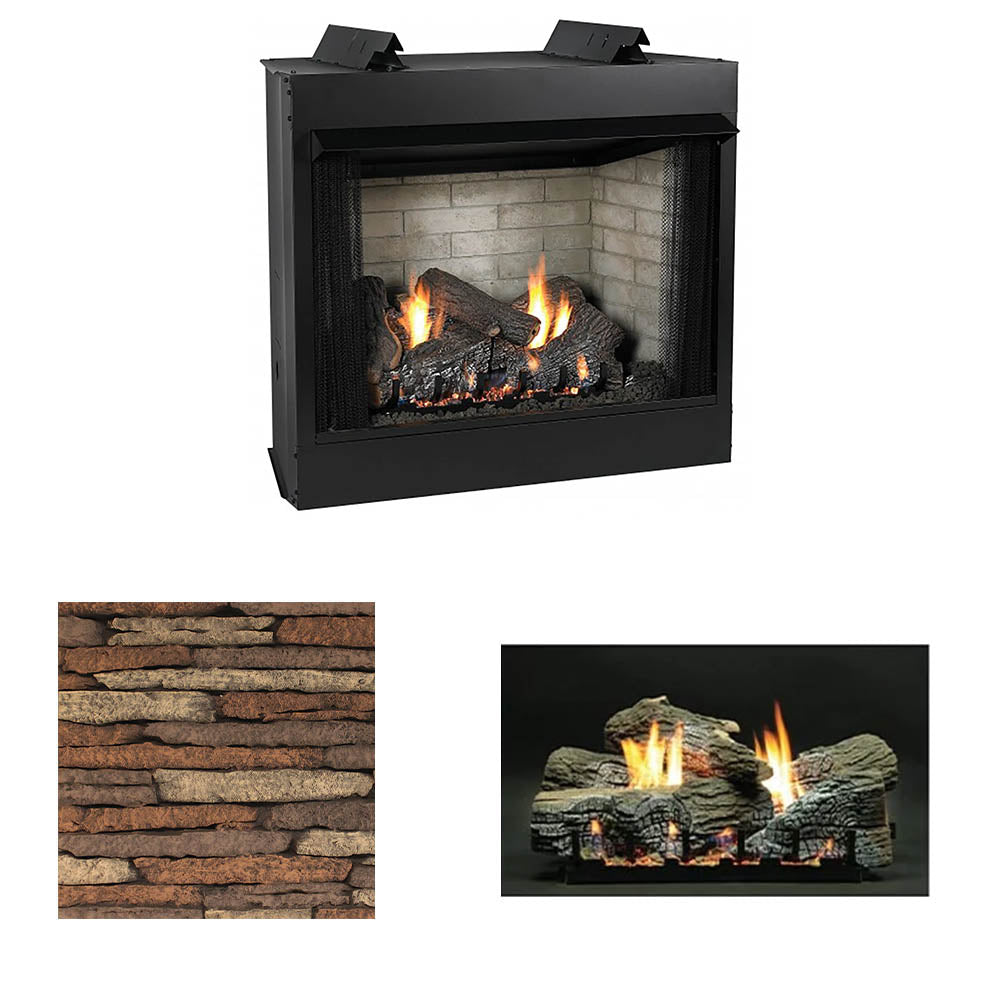 Ventless gas firebox with glowing logs, shown with stacked stone and log burner detail