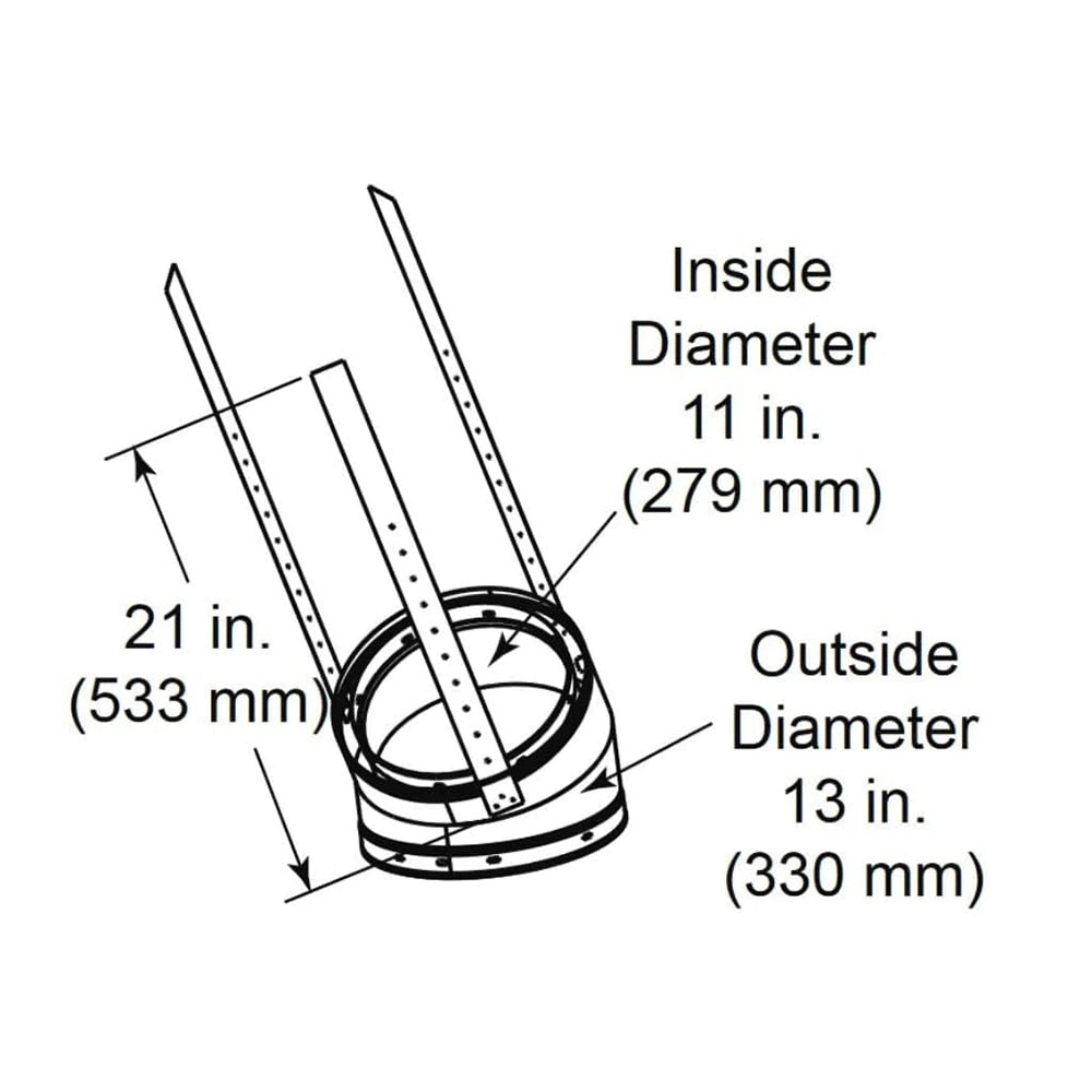Elbow pipe fitting diagram: 21 in height, outside Ø13 in, inside Ø11 in