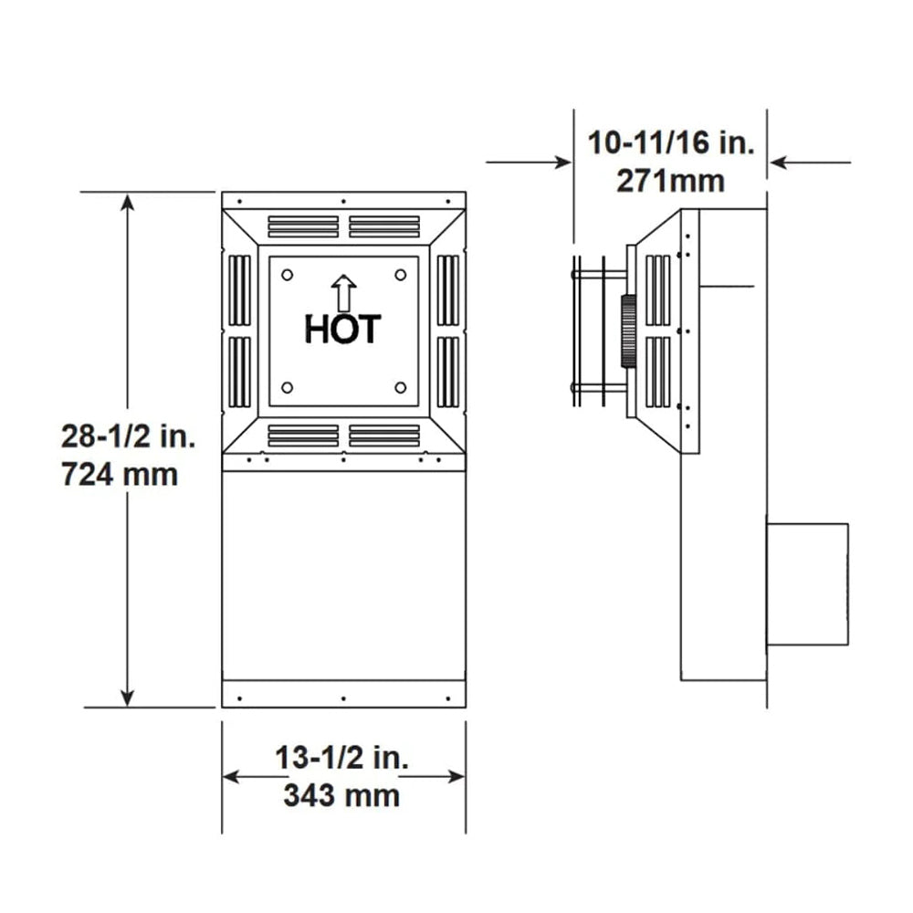 Snorkel cap dimension diagram showing 28-1/2 in height and 13-1/2 in width
