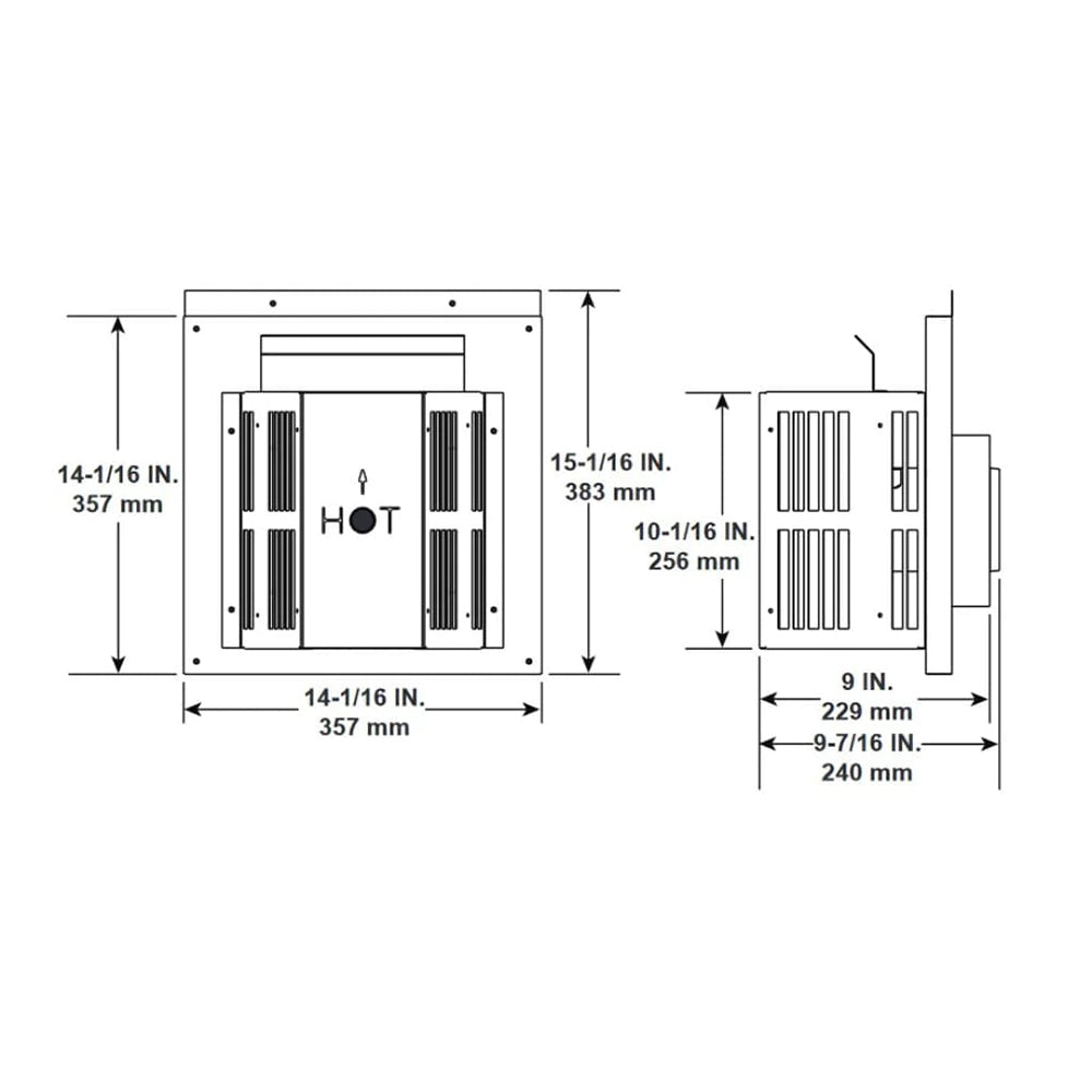 Vent termination kit with cap and wall thimble, side and front dimension diagram
