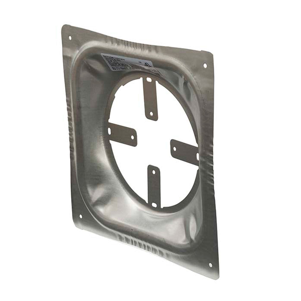 Steel ceiling firestop plate with circular opening and four mounting tabs, silver gray