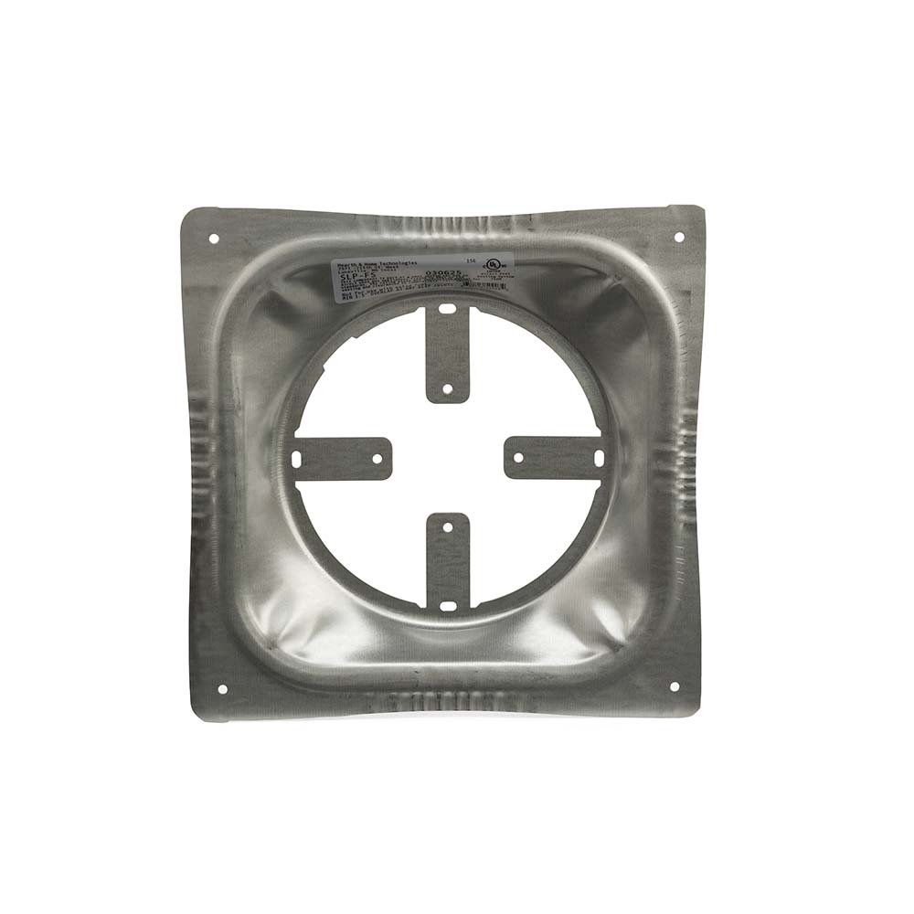 Steel ceiling firestop plate with circular opening and cross-shaped support tabs, silver gray