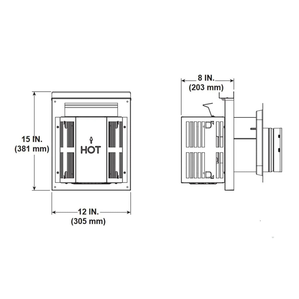 Horizontal high-wind trapezoid termination cap, front and side views with dimensions