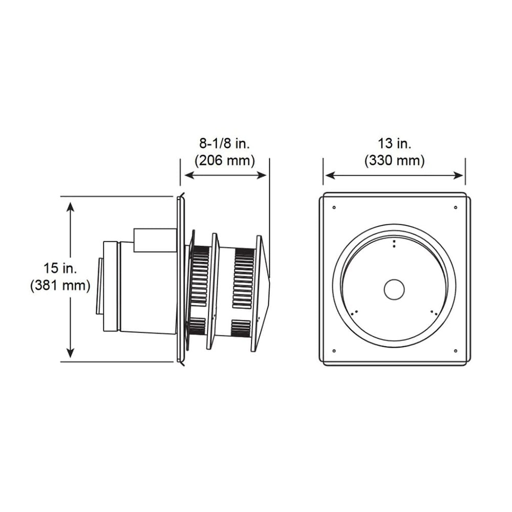 Stainless steel termination cap size diagram, 8-1/8 in and 13 in