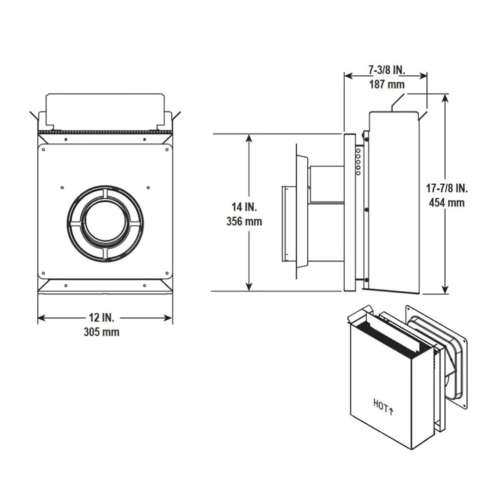 Horizontal snorkel cap technical drawing with front and side views plus dimensions