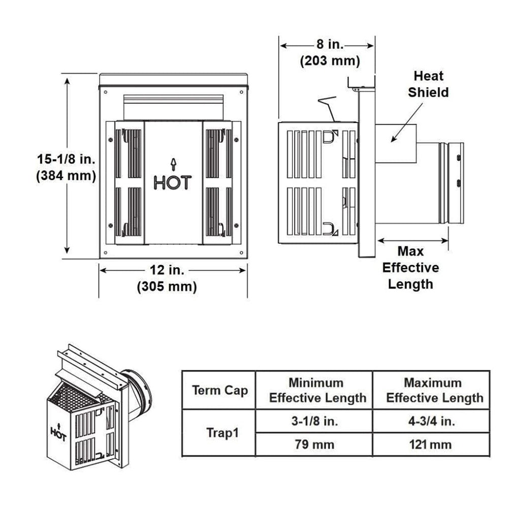 Vent termination kit diagram with dimensions, heat shield, and term cap