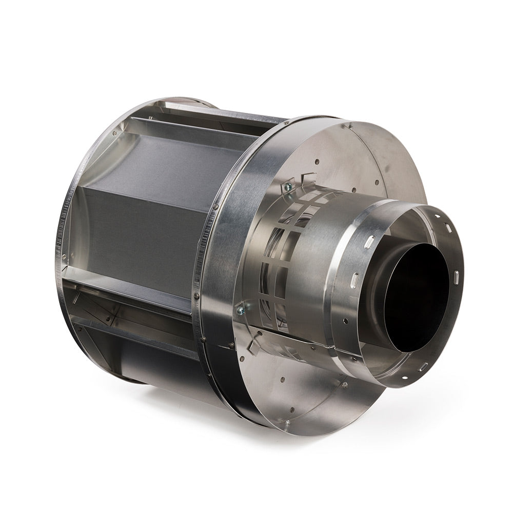 Silver metal vent cap with round outlet and side openings, cylindrical storm collar