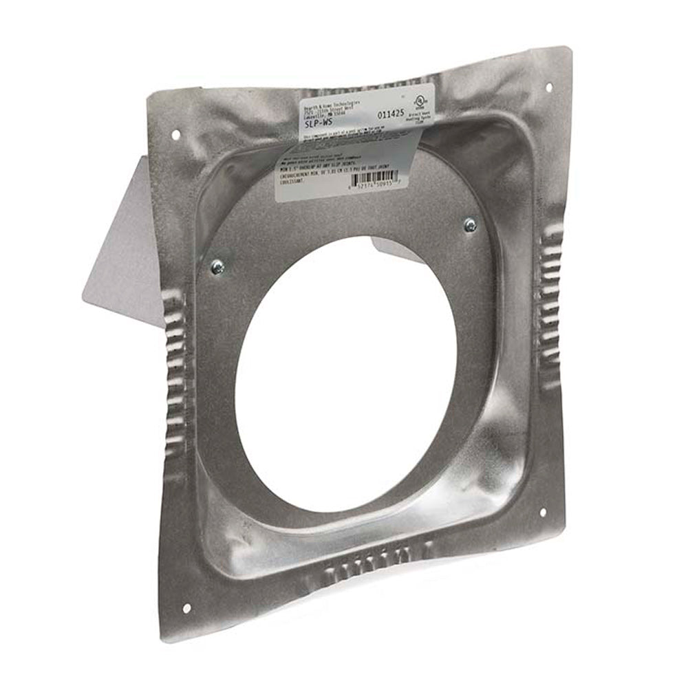 Metal wall firestop flange with round opening, side fins, and mounting holes