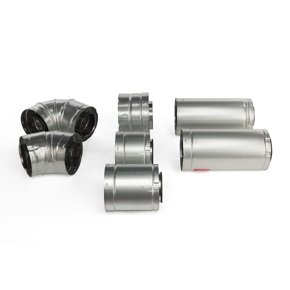 Silver metal duct slip fittings with black inner collars, various short and long pieces