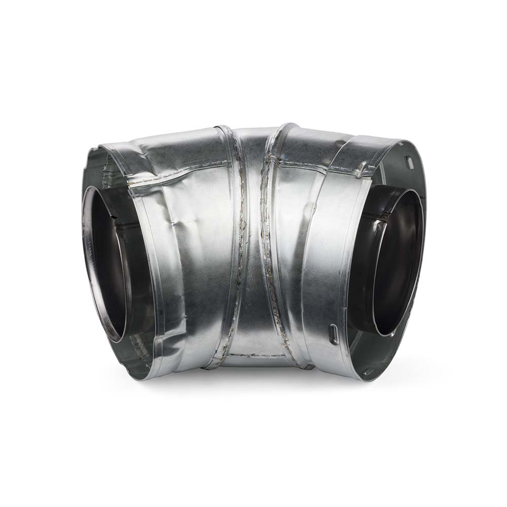 45 degree metal duct elbow with flanged ends and black interior openings