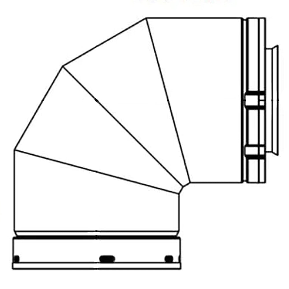 Black 90-degree elbow fitting with side flanges and stepped profile.
