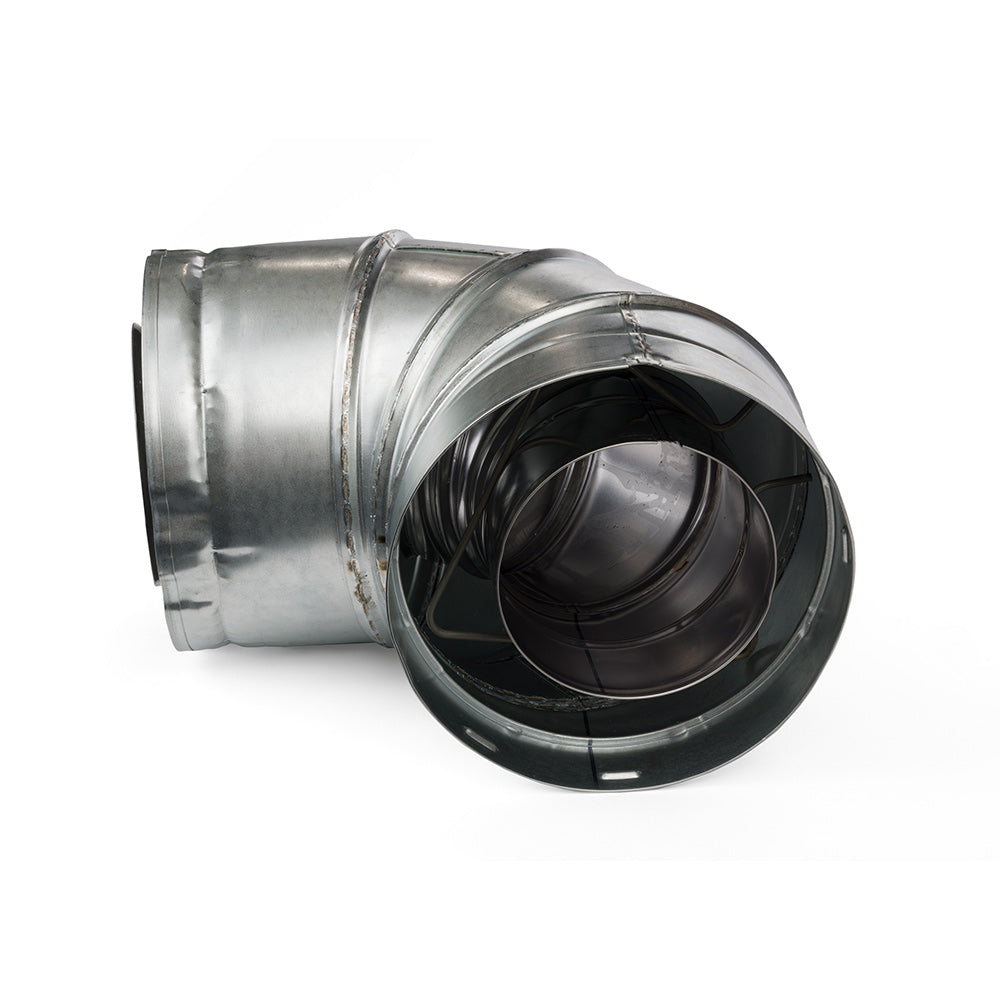 90-degree HVAC duct elbow, galvanized steel with black gasket sleeve, offset connection