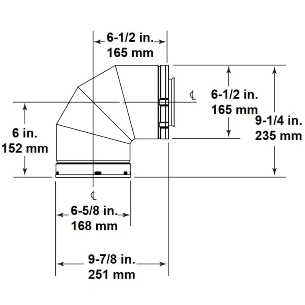 Black 90-degree elbow fitting technical diagram showing side outlets and dimensions.