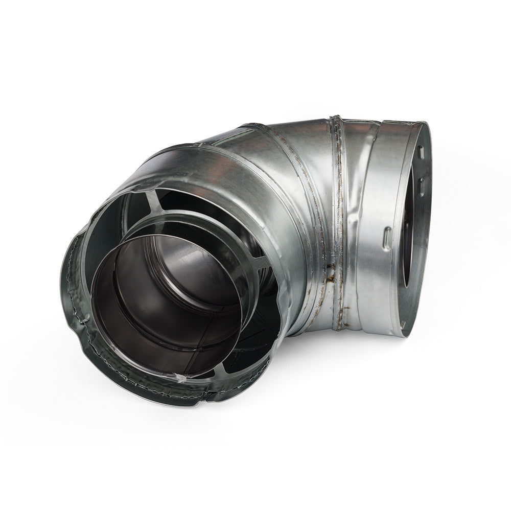 90-degree HVAC duct elbow, galvanized steel elbows with black end liners and side holes