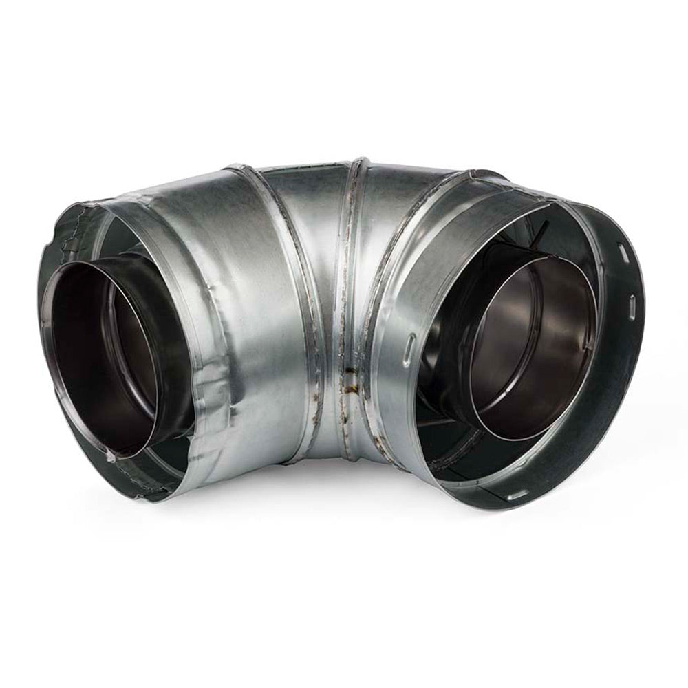 90-degree HVAC duct elbow, galvanized steel with two flanged openings and black inner liners