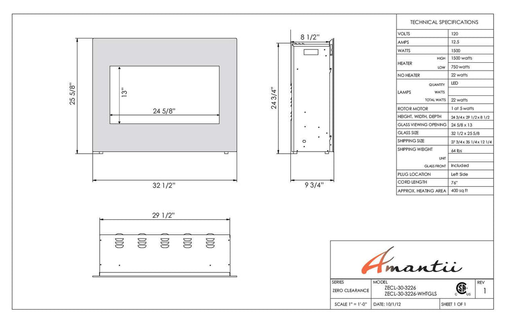 Amantii Zero Clearance Series Built-In Electric Fireplace, 30-Inch