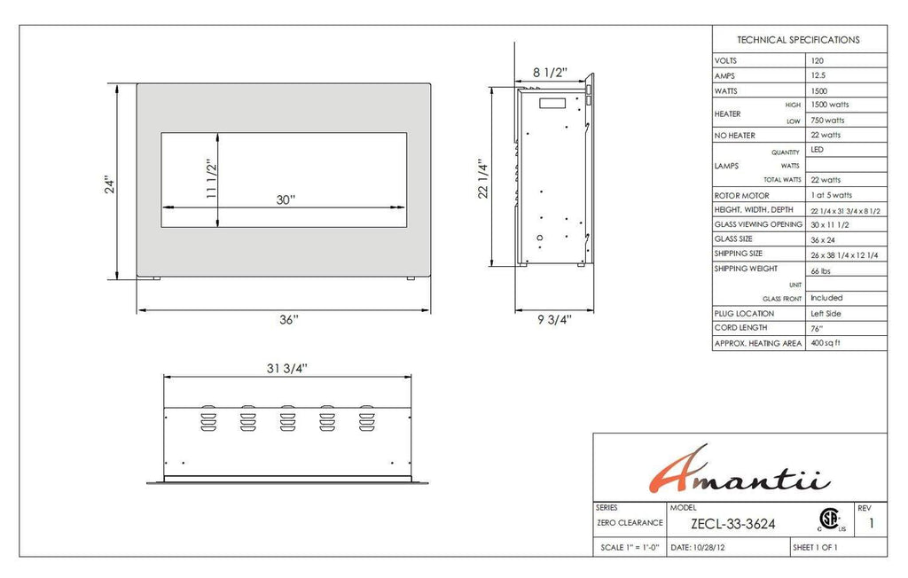 Built-in electric fireplace technical drawing with dimensions and Amantii label