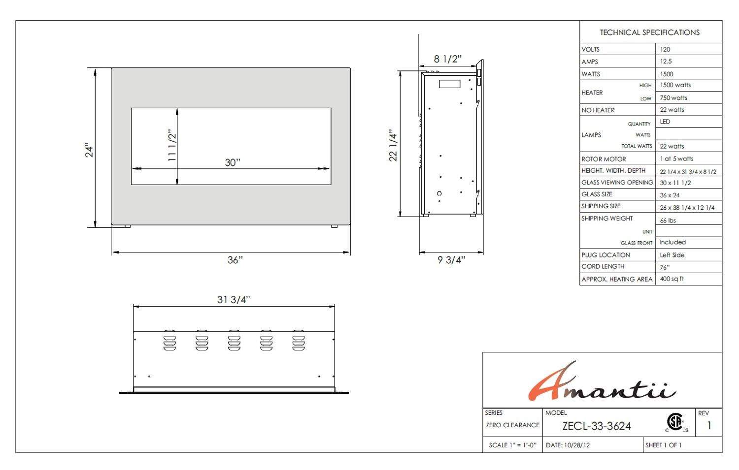 Built-in electric fireplace technical drawing with dimensions and Amantii label