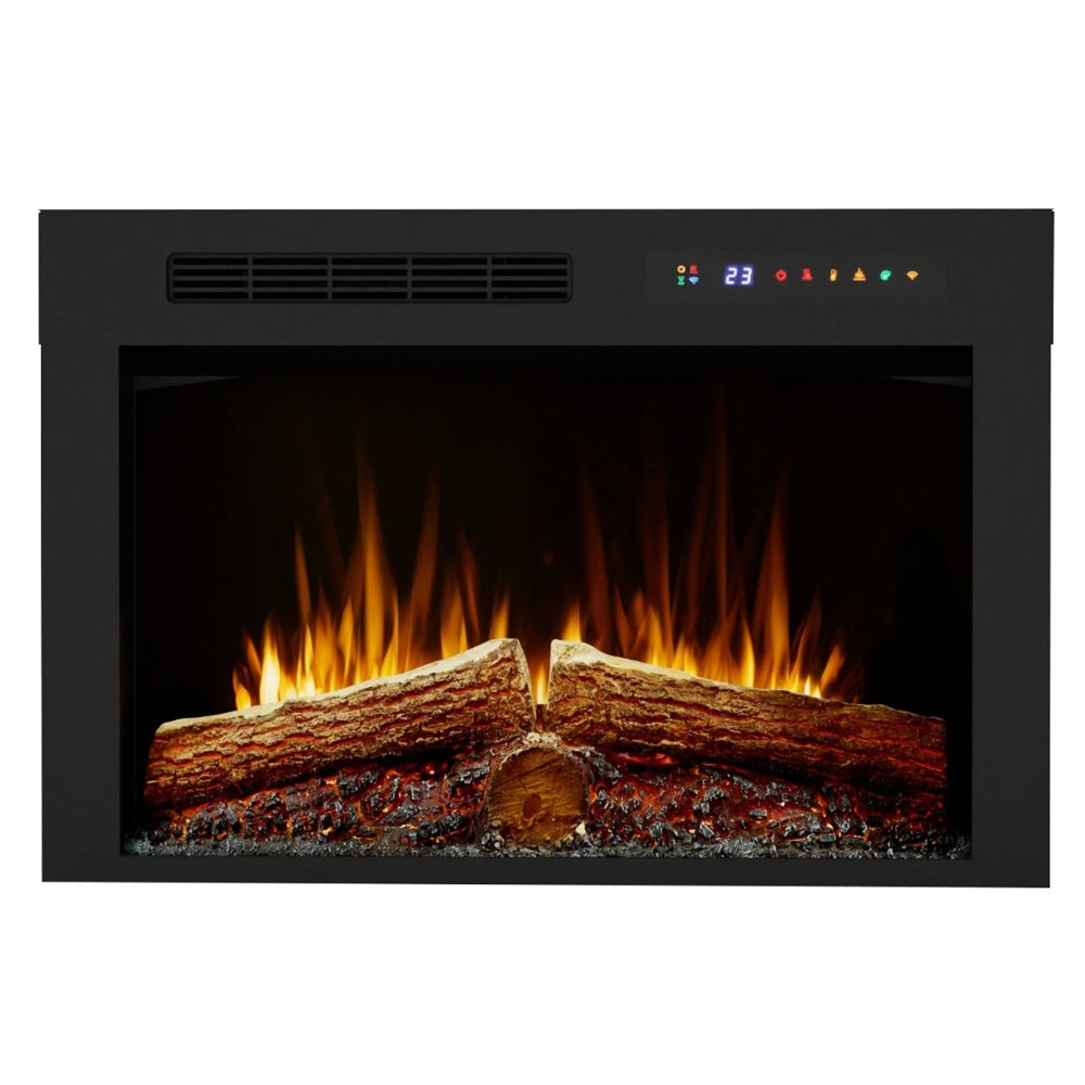 Built-in electric firebox front with flame effect and faux wood logs