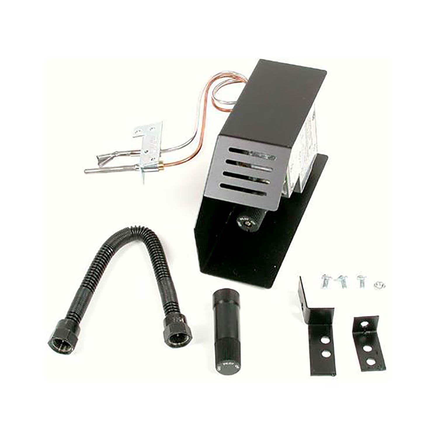 Valve assembly kit with black controller module, wiring, flexible hoses, and brackets