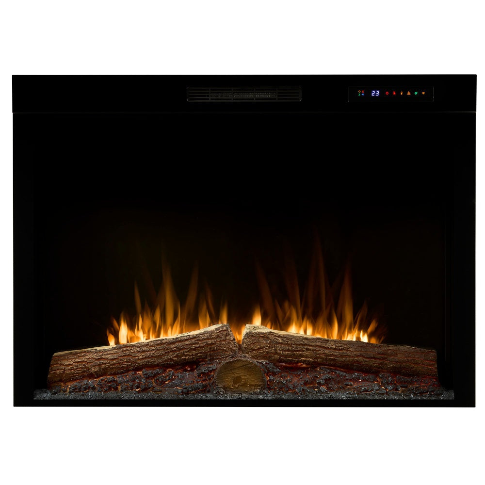 Built-in electric firebox with glowing flame effect and dark log set
