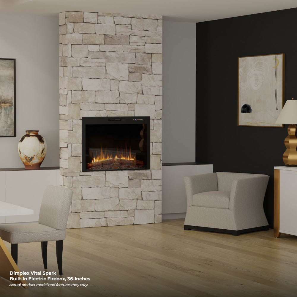 Built-in electric firebox installed in a stone fireplace surround with flames