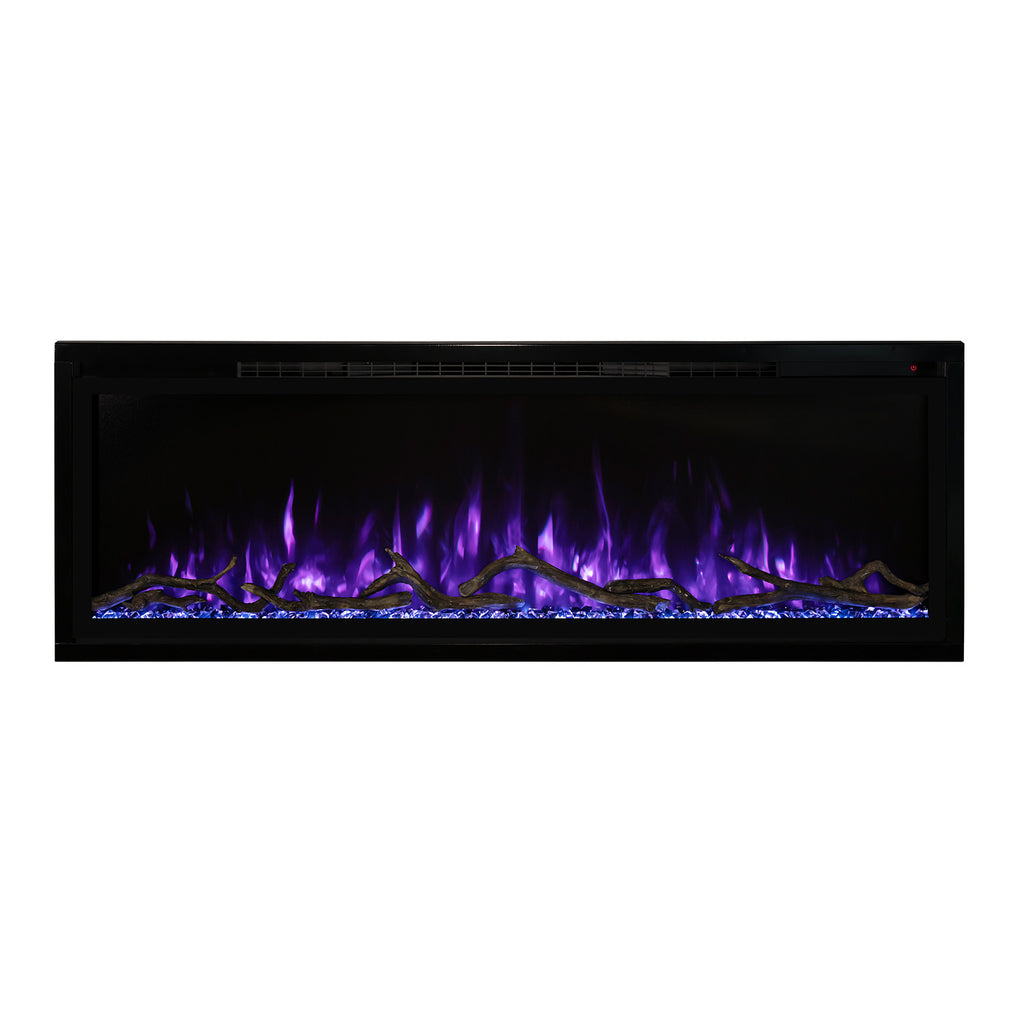 Slimline electric fireplace with black frame, purple flames and blue ember bed