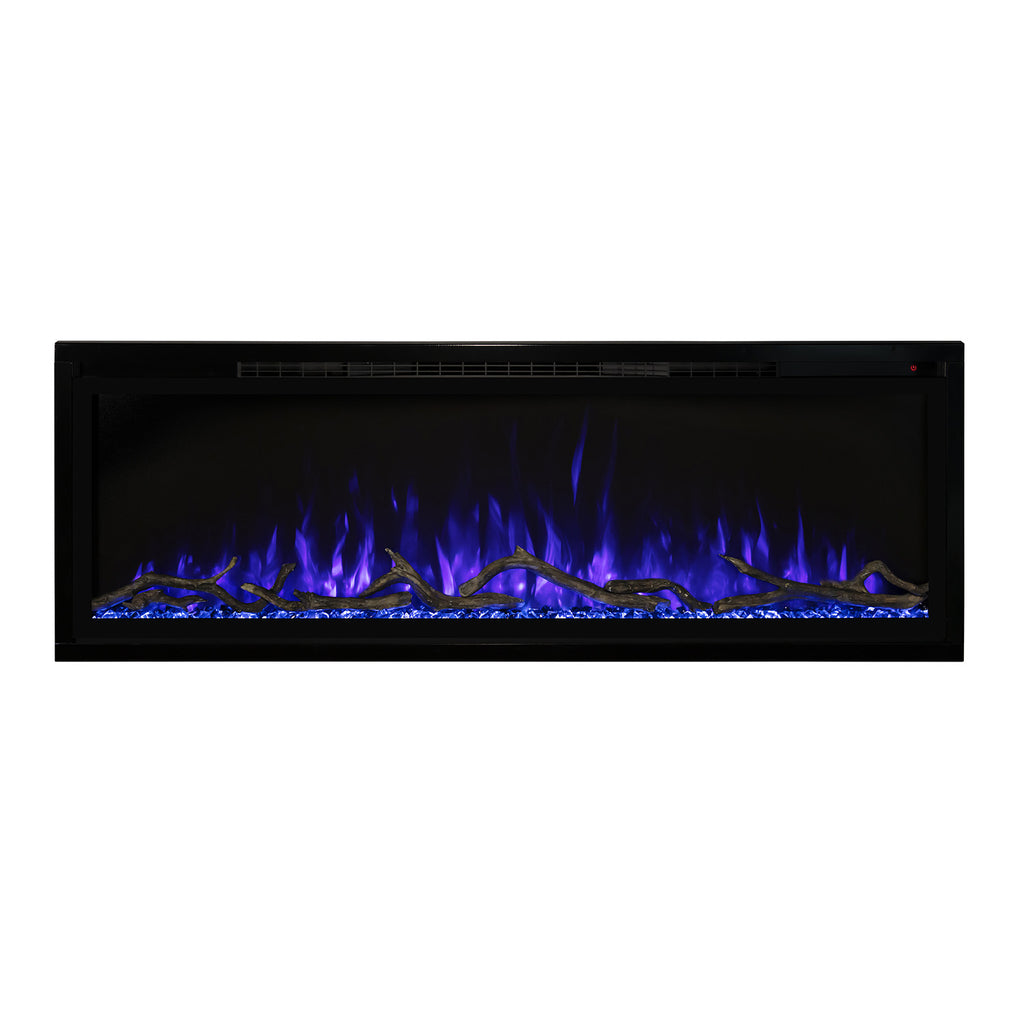 Slimline electric fireplace with black frame and blue-purple flame display
