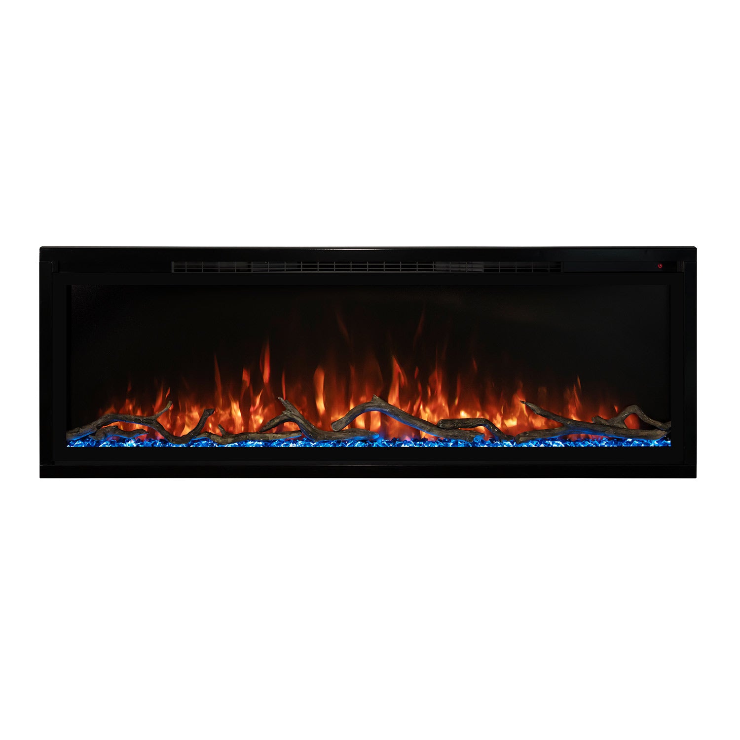 Slimline electric fireplace with black frame, orange flames over dark logs
