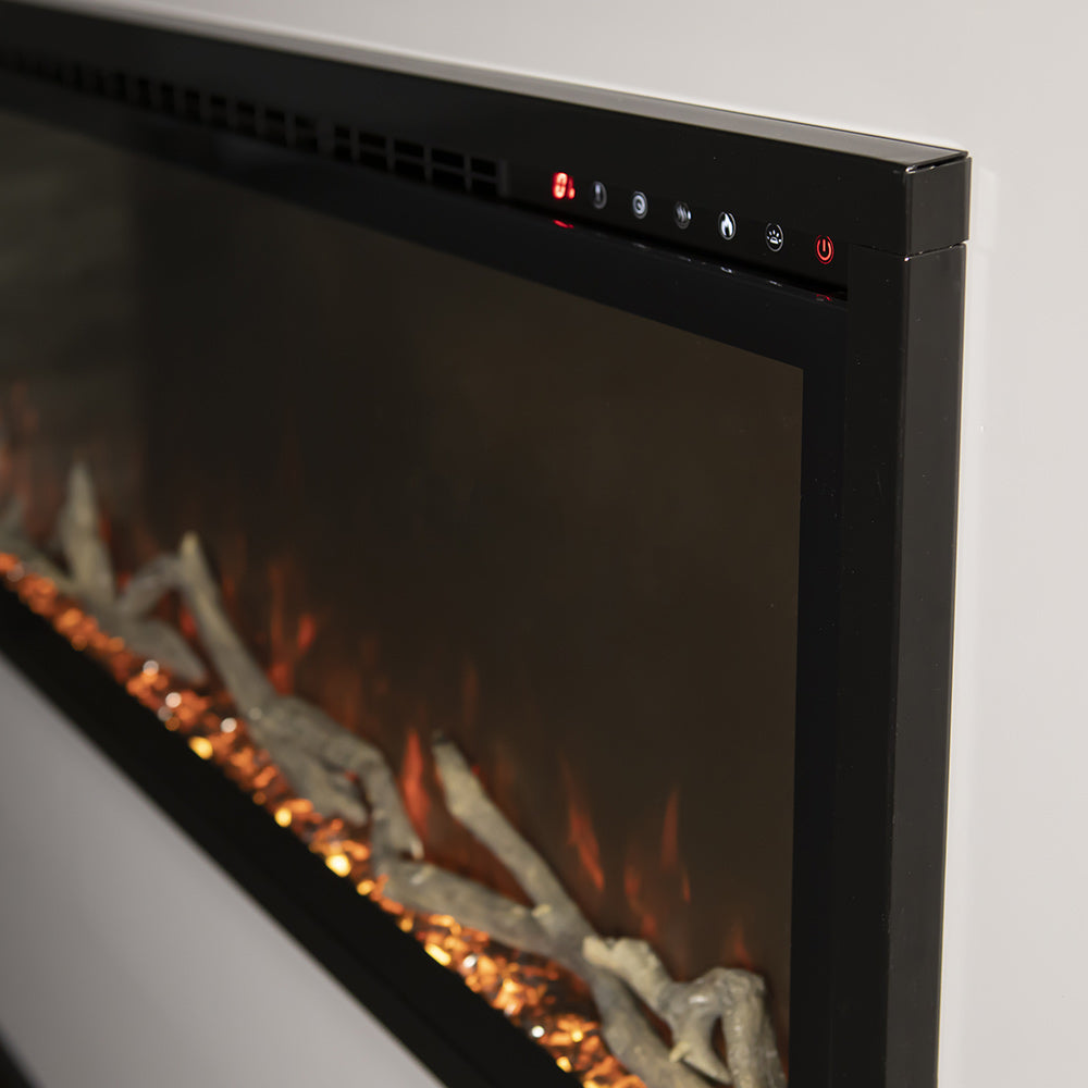 Slimline electric fireplace top control panel with buttons and red indicator light