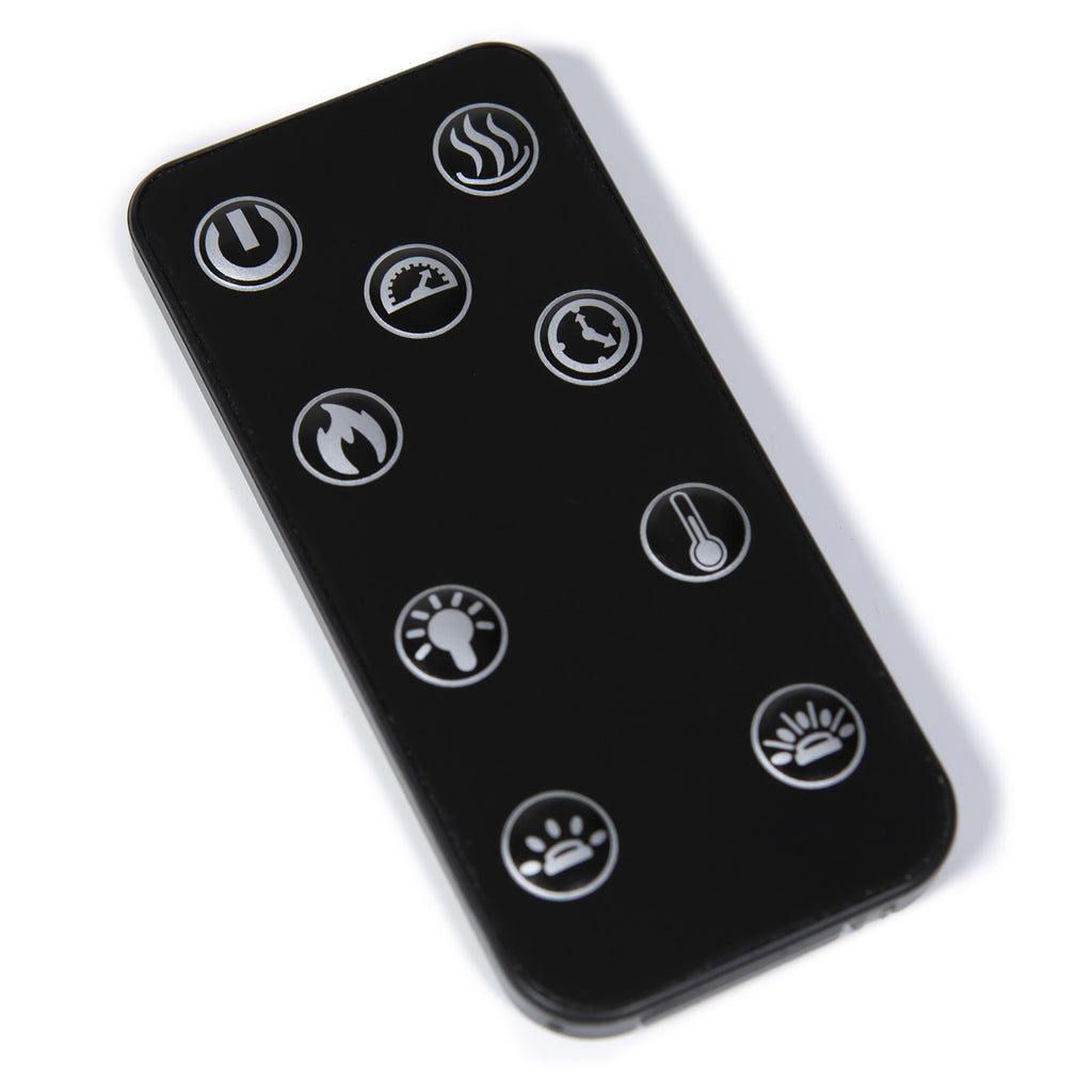 Black electric fireplace remote with circular icons for power and flame settings