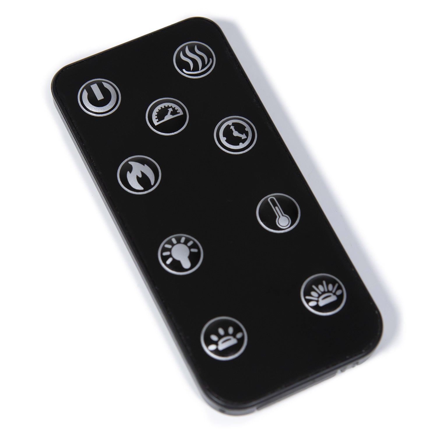 Black electric fireplace remote with circular icons for power and flame settings