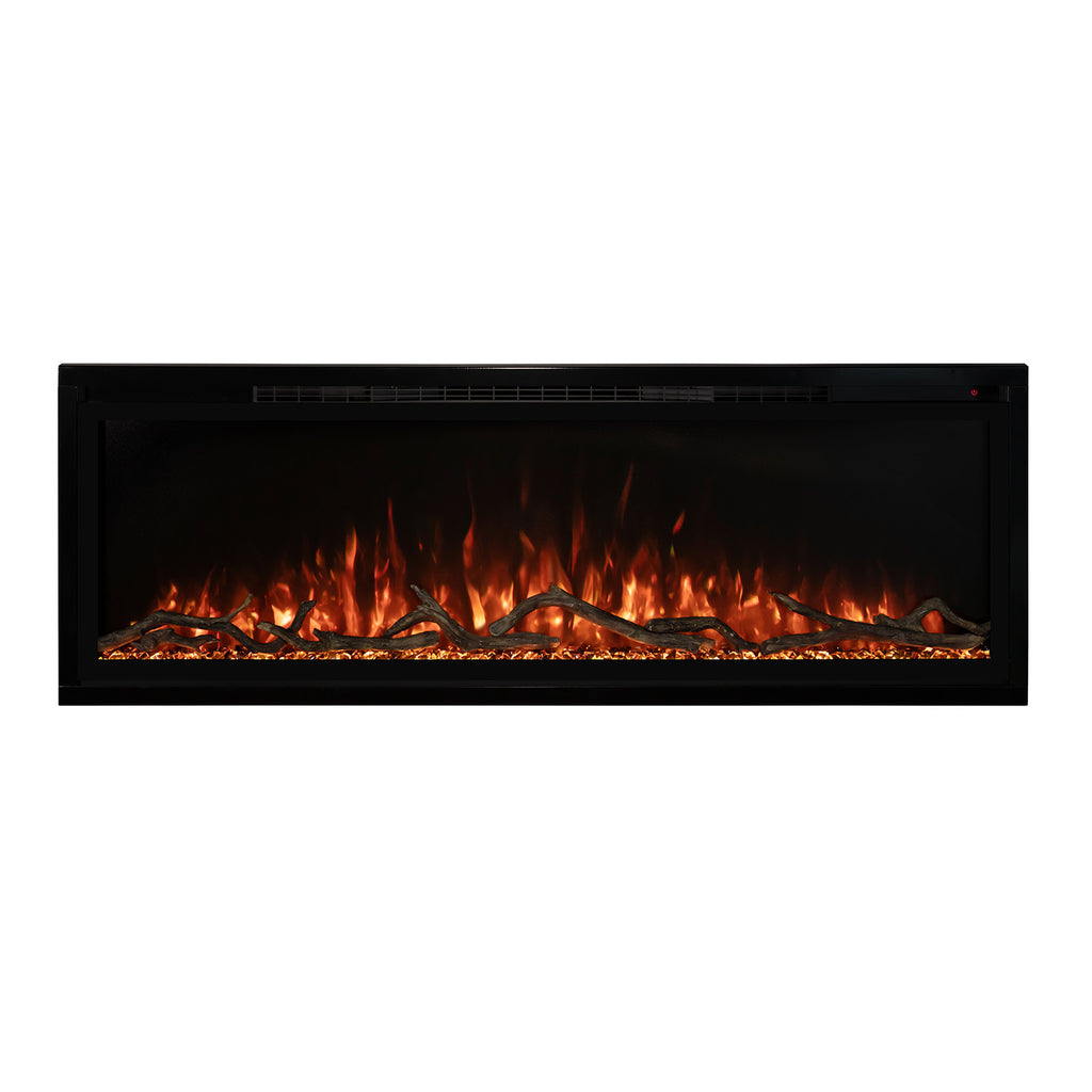 Slimline electric fireplace with black frame, warm orange flames and glowing embers