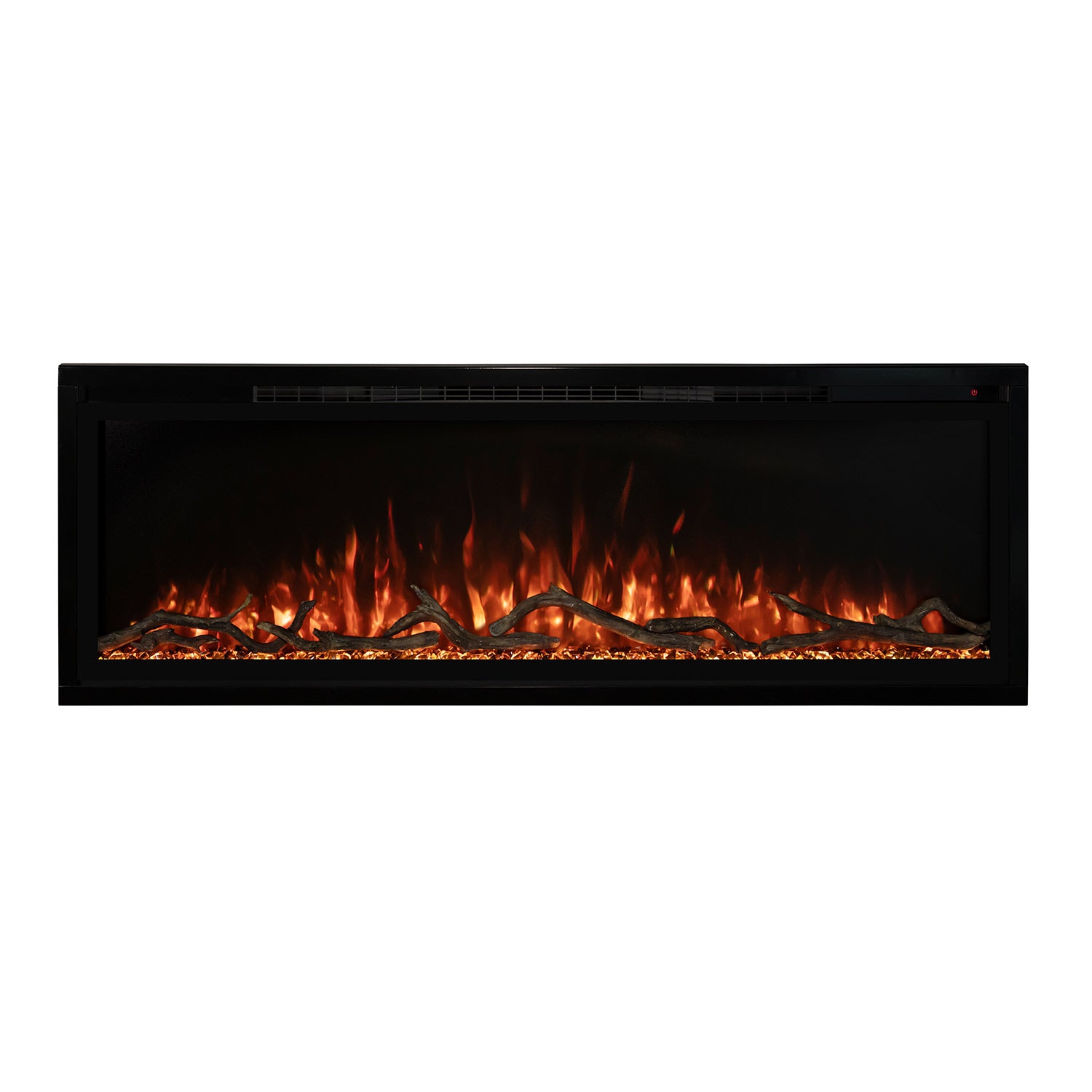 Slimline electric fireplace with black frame, warm orange flames and glowing embers