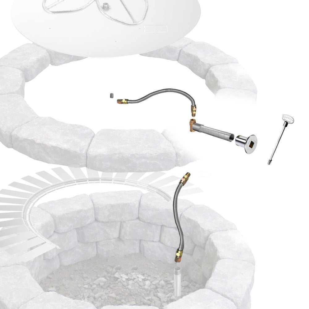 Fire pit gas line kit with flexible hose, shutoff valve, and connector fittings