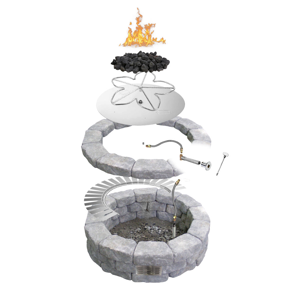 Fire pit gas line kit connected to valve with flexible tubing and fittings