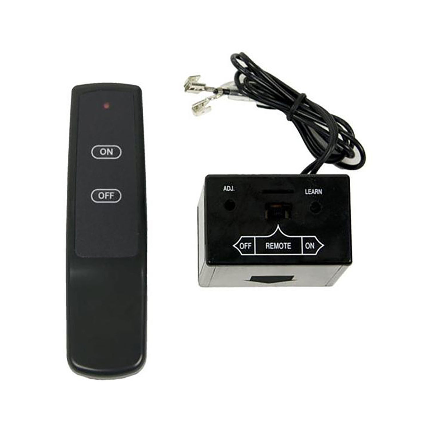 Fireplace wireless remote control with ON/OFF buttons, plus receiver box and wiring