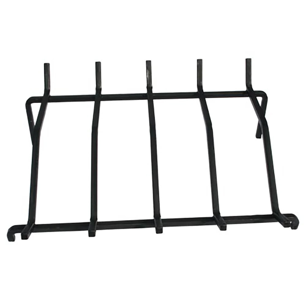 Outdoor fireplace log grate, black metal rectangular frame with vertical bars