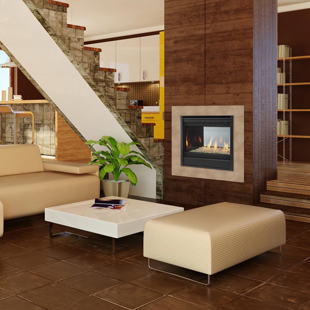 Rectangular direct vent gas fireplace in dark frame set into a wood surround
