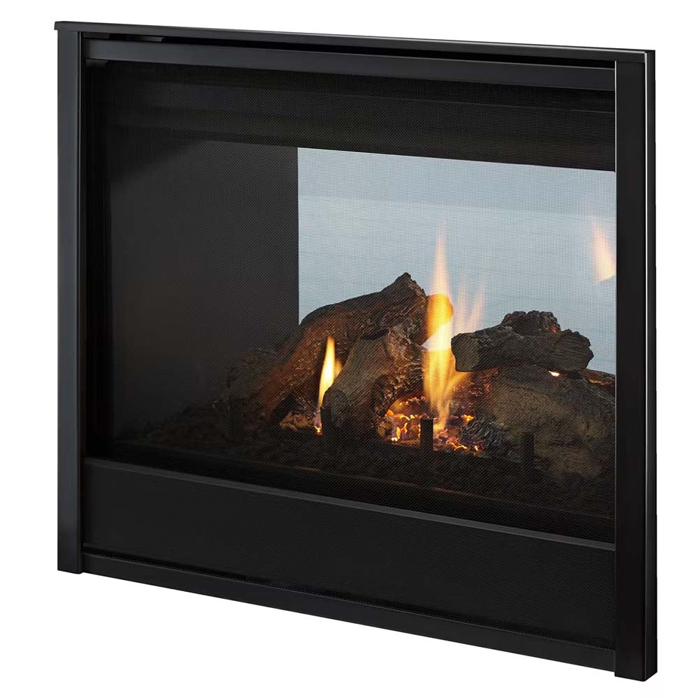See-through direct vent gas fireplace with black frame and glass viewing window