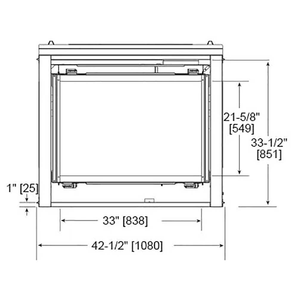 Direct vent gas fireplace diagram with outer outline and dimension measurements