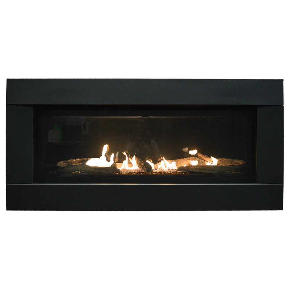 Black linear direct vent gas fireplace with clear fireglass and glowing flames