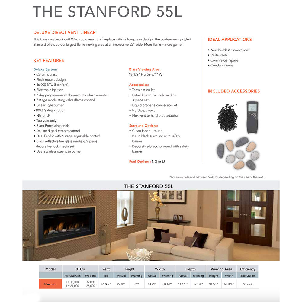 Linear gas fireplace spec sheet page with included accessories and dimensions