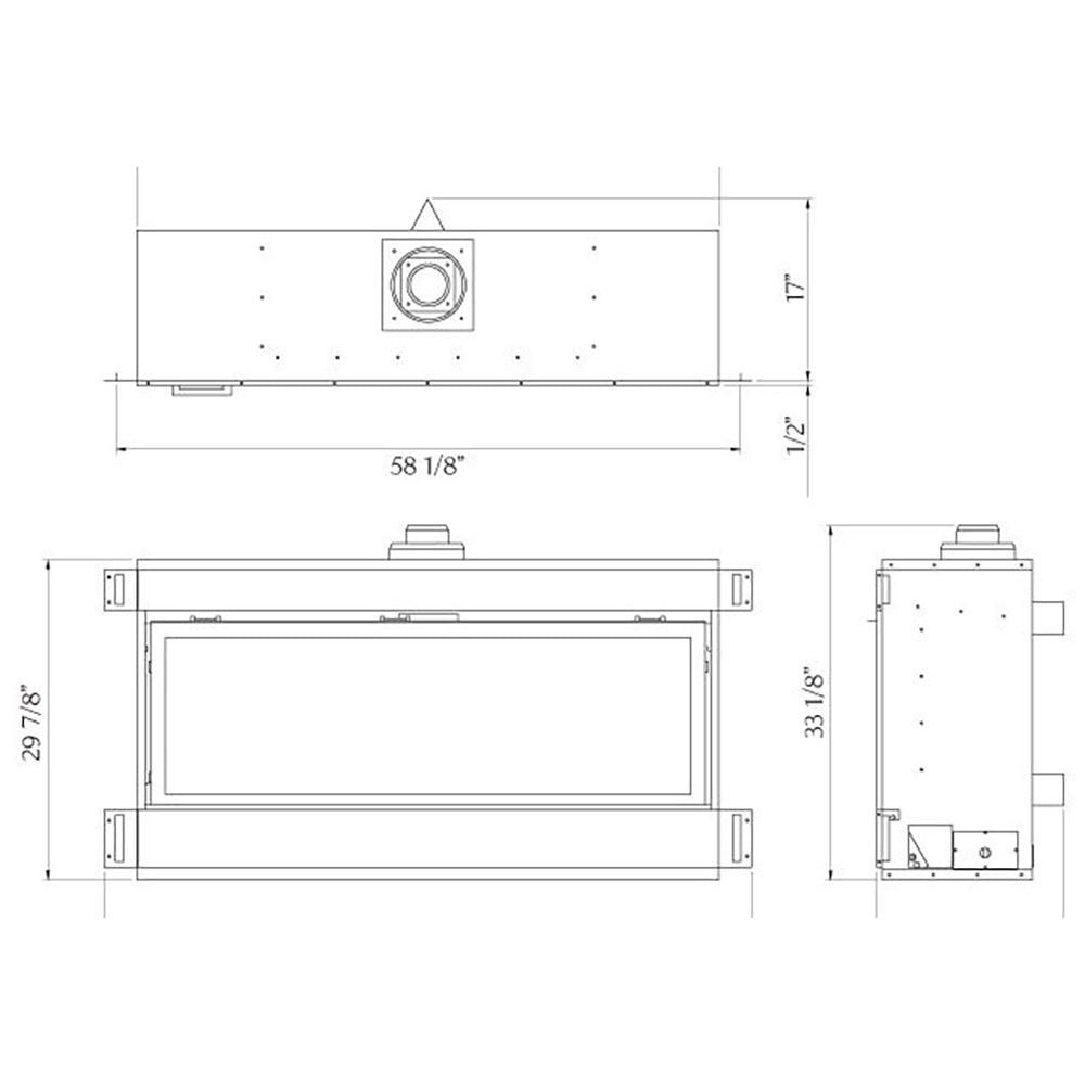 Front view and side view line drawing of built-in linear gas fireplace unit