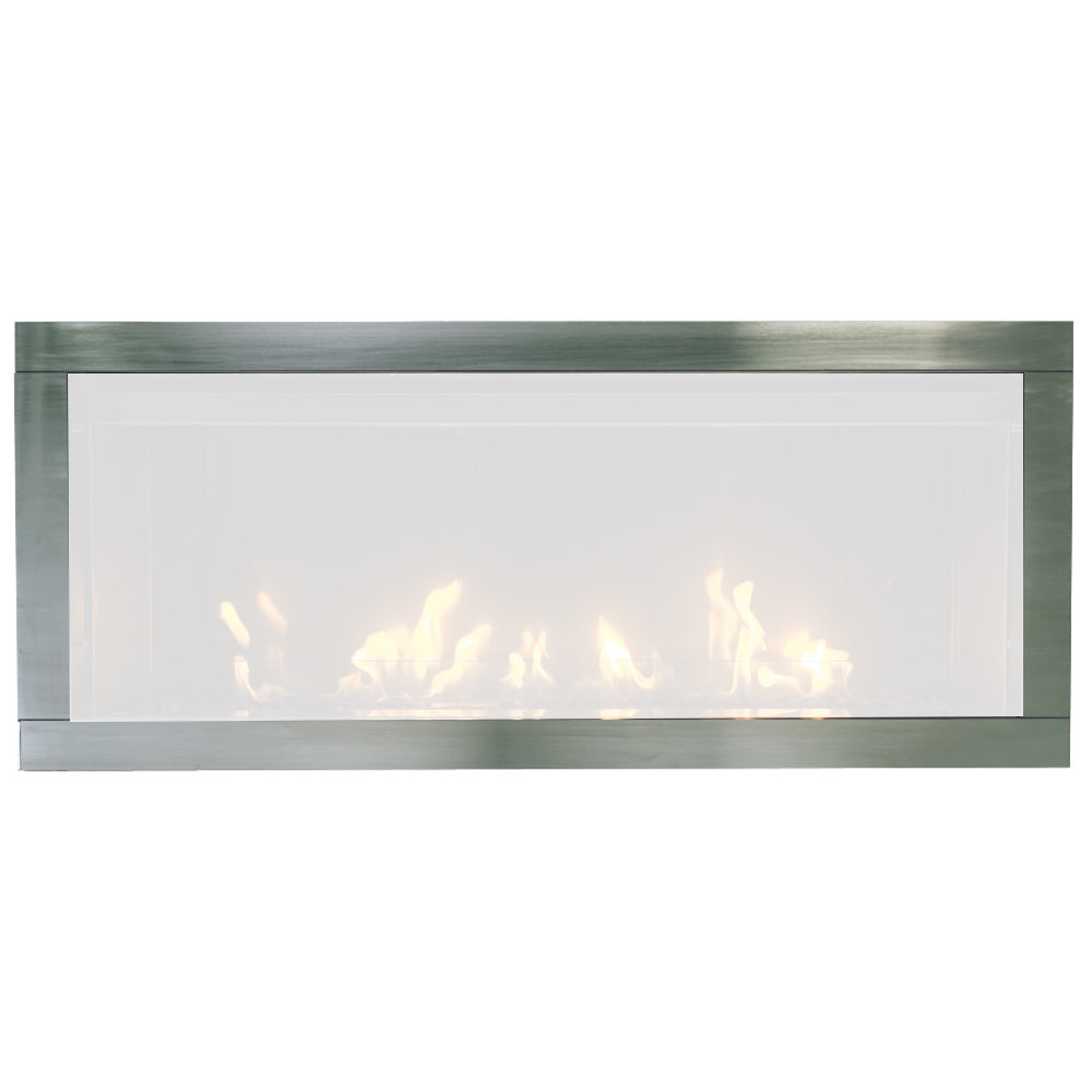 Gas fireplace glass front with metal frame and visible flames through panel