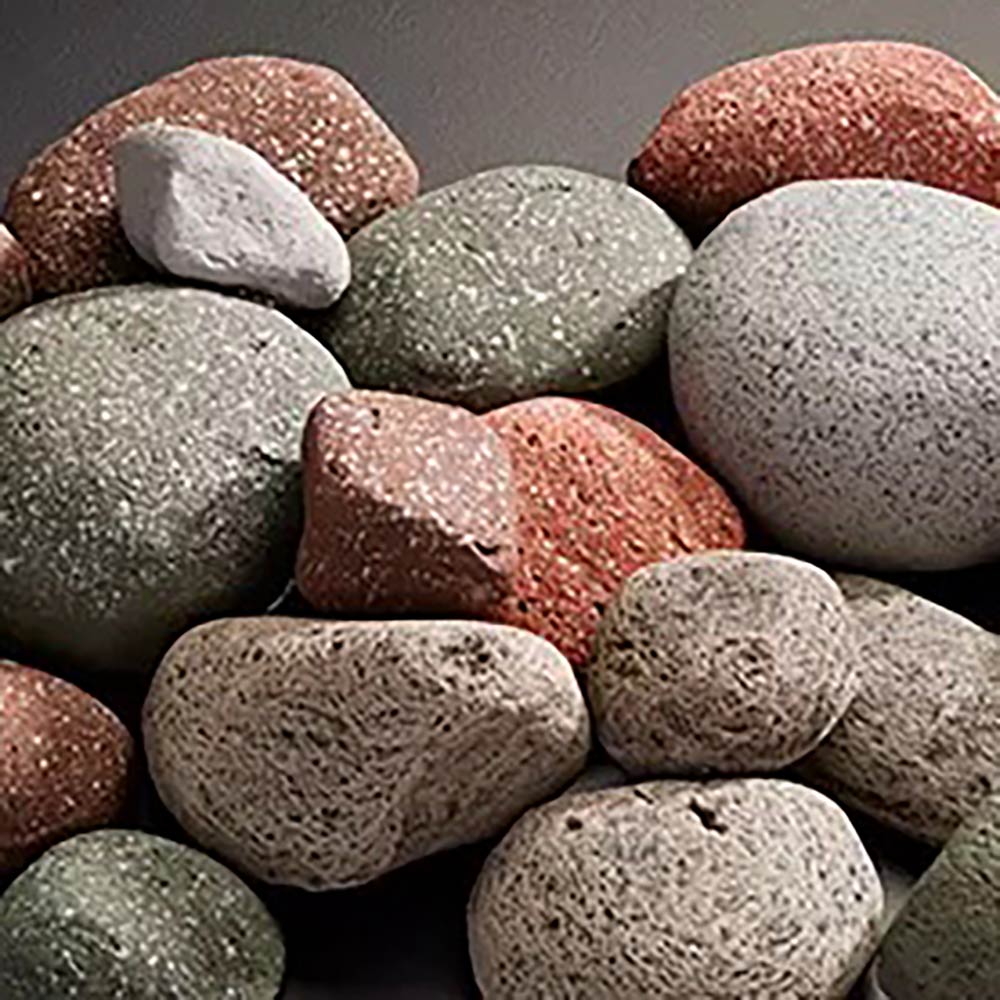 Decorative stone accents with smooth river rocks in dark gray, reddish-brown, and green
