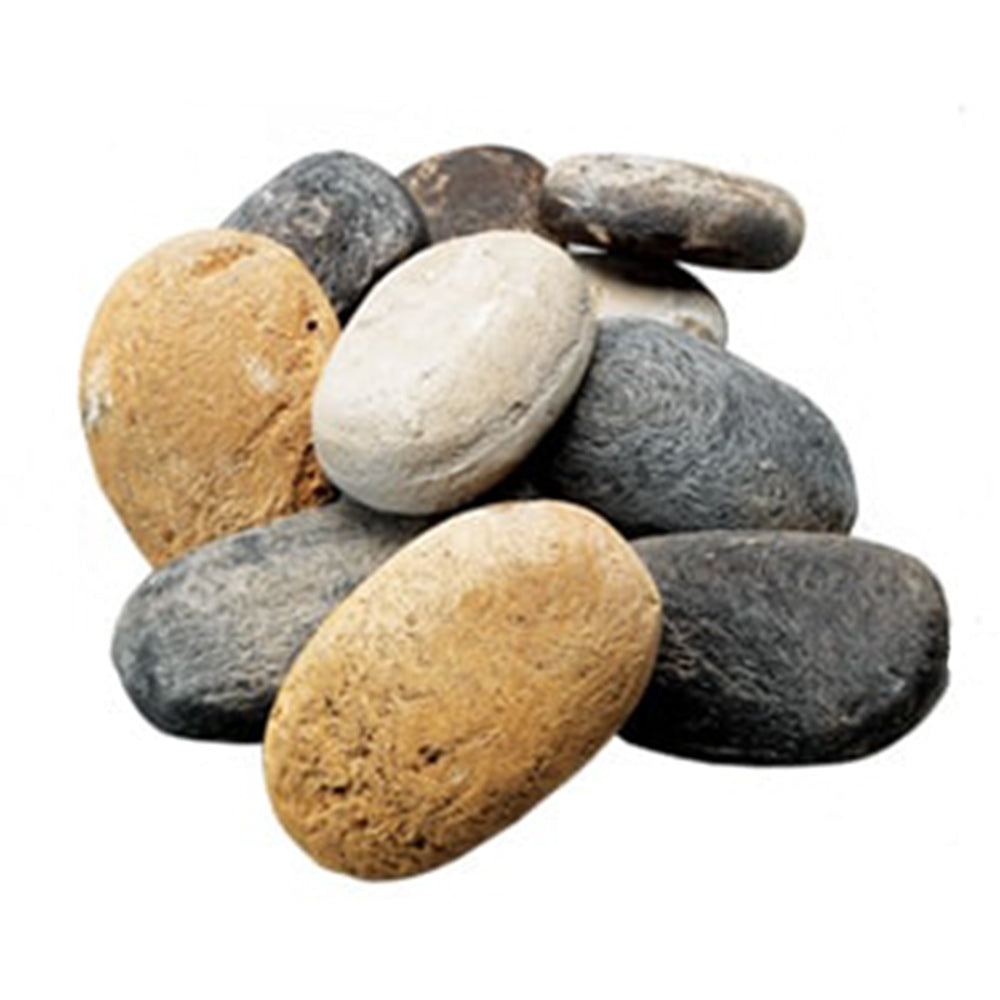 Smooth natural river stones in tan, gray, and white tones