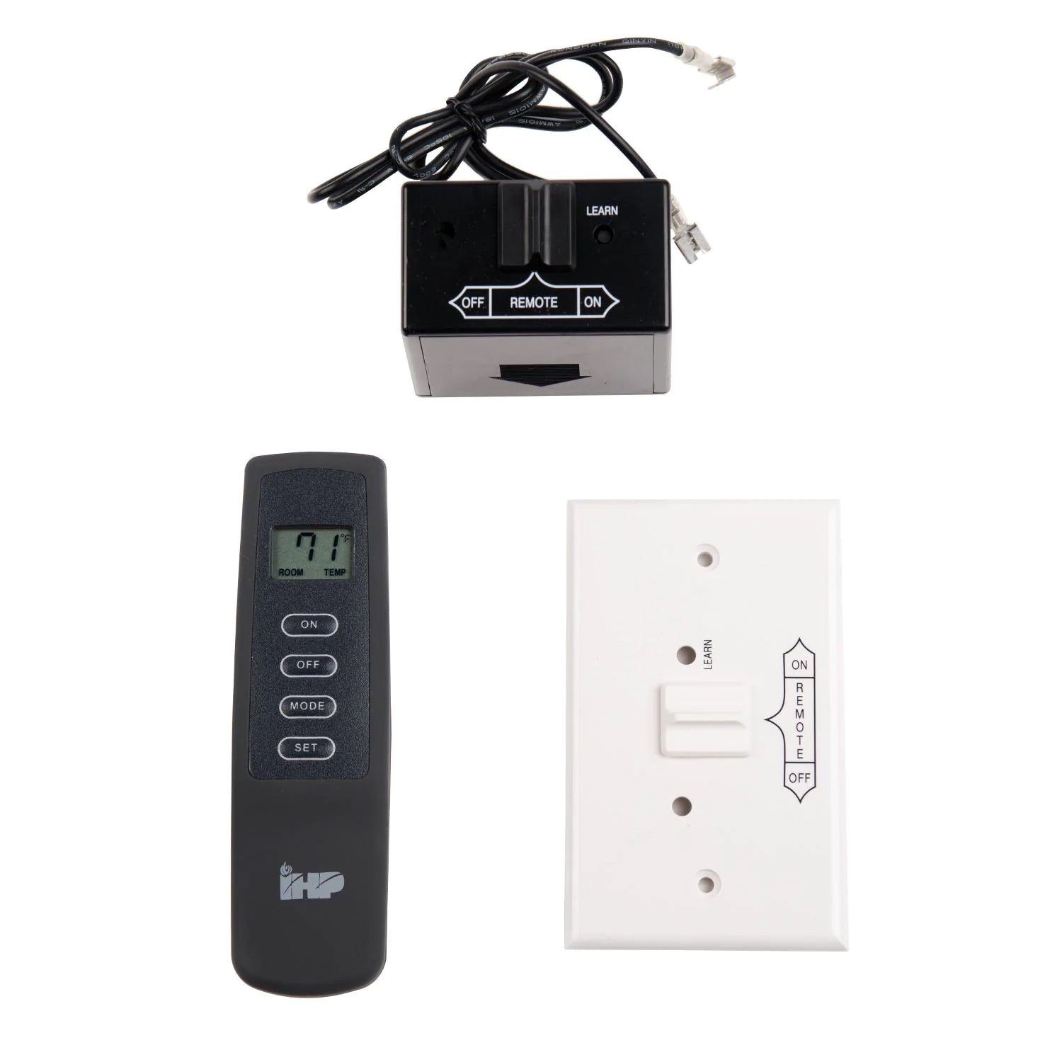 LCD fireplace remote control with thermostat and on/off buttons, plus receiver module