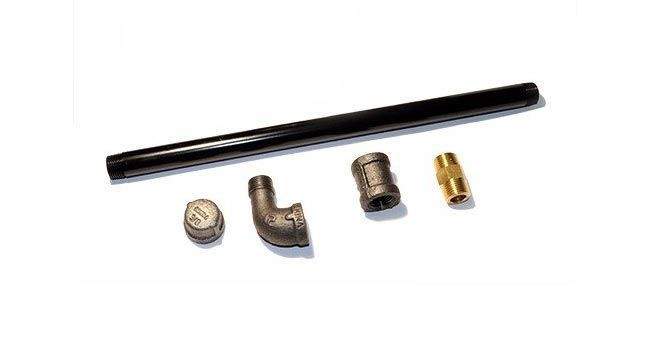 Gas log lighter burner kit parts: black burner tube, brass fittings, caps